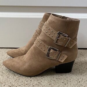 Studded Tan Suede Ankle Boots with Buckle Straps